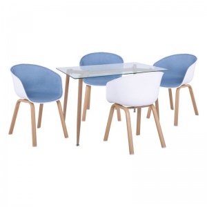 OPTIM Set Α Τραπεζαρία:Τραπέζι + 4 Πολυθρόνες Μέταλλο Φυσικό / PP Άσπρο Ύφασμα Μπλε