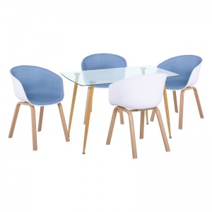 OPTIM Set Β Τραπεζαρία:Τραπέζι + 4 Πολυθρόνες Μέταλλο Φυσικό / PP Άσπρο Ύφασμα Μπλε
