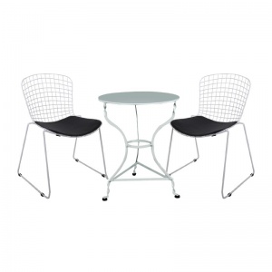 SAXON Coffee Set Κήπου Μέταλλο Άσπρο / Μαξιλάρι Pu Μαύρο:Τρα πέζι+2 Καρέκλες Στοιβαζόμενες