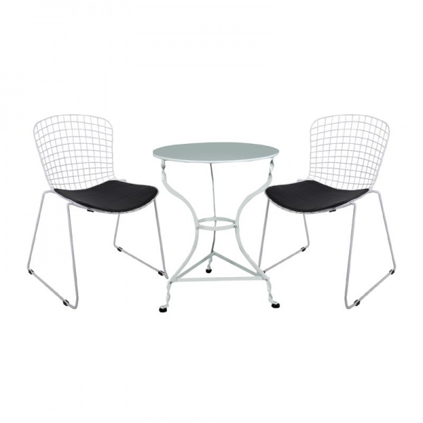 SAXON Coffee Set Κήπου Μέταλλο Άσπρο / Μαξιλάρι Pu Μαύρο:Τρα πέζι+2 Καρέκλες Στοιβαζόμενες